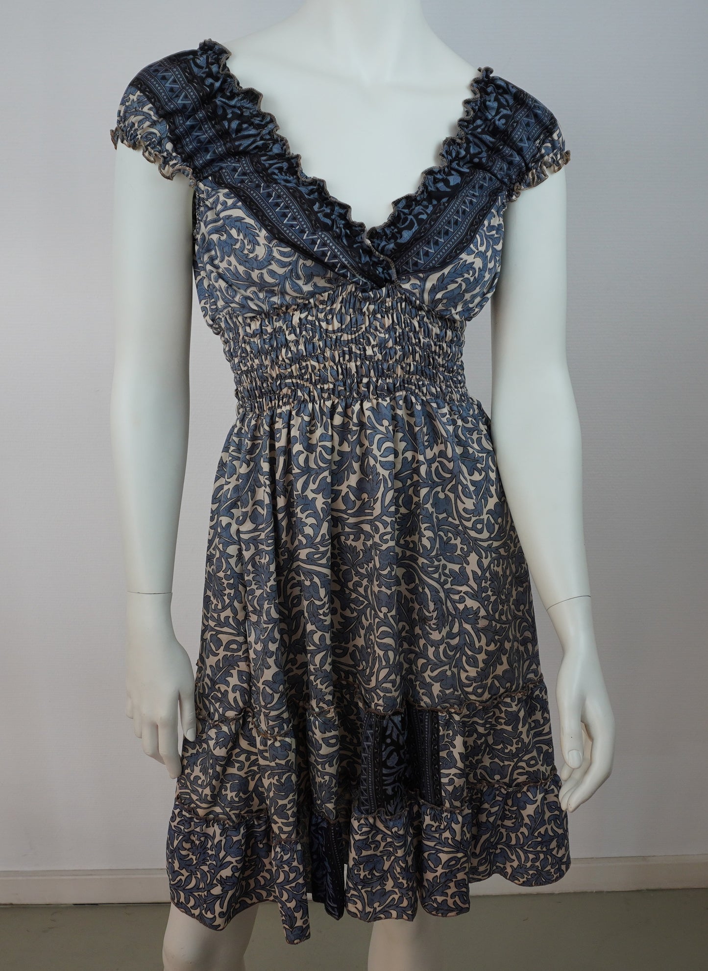 Boho Paisley Sommerkleid Mini – Multicolor Blau/Beige