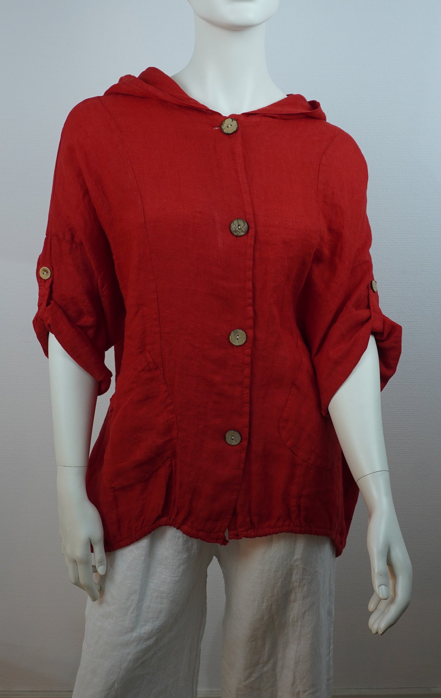 Leinen Hooded Overshirt – Rot (One Size, 100% Leinen)