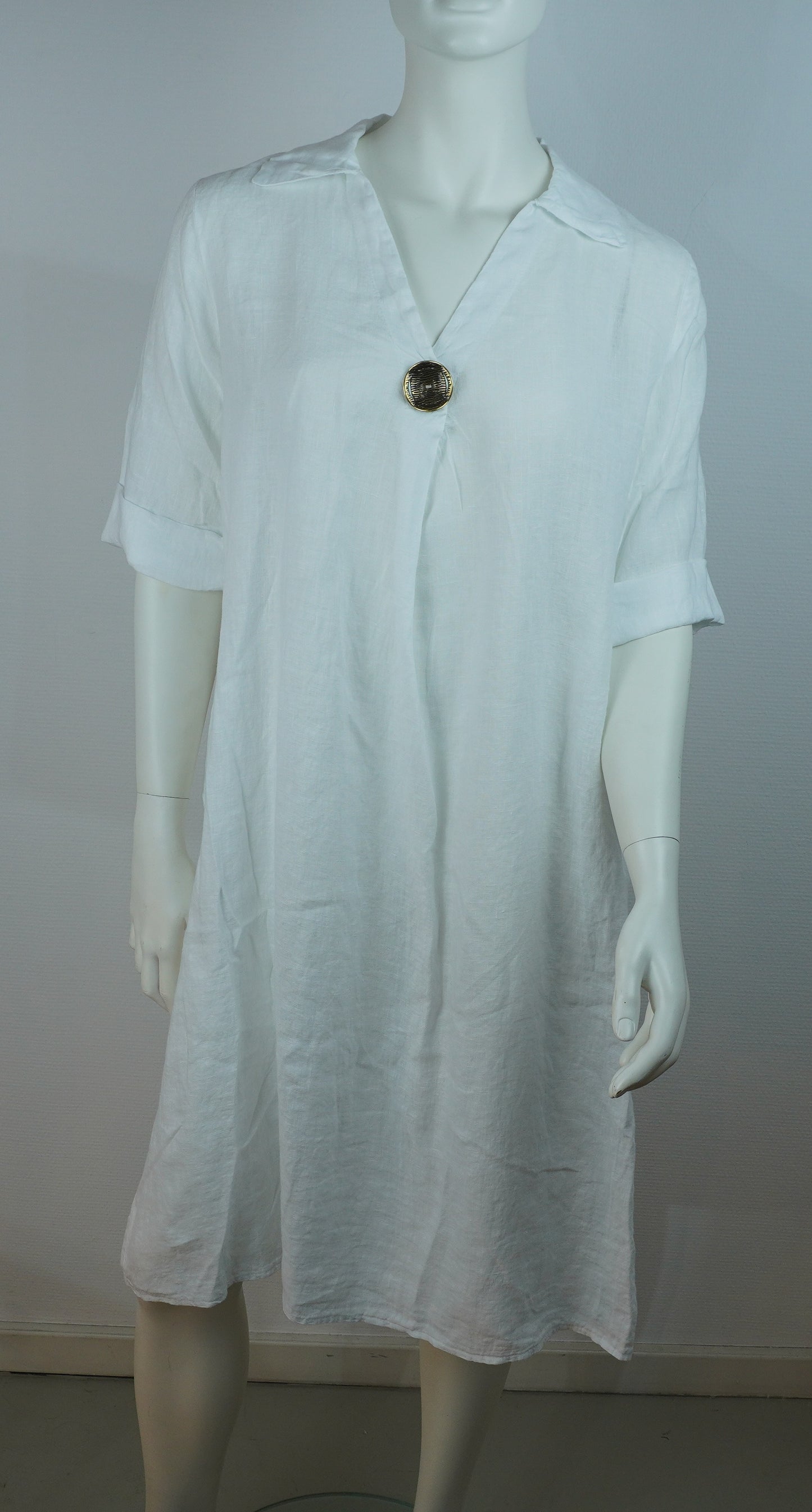 Weißes Leinenkleid – V‑Ausschnitt, Kragen, Locker Fallend, Sommerlook