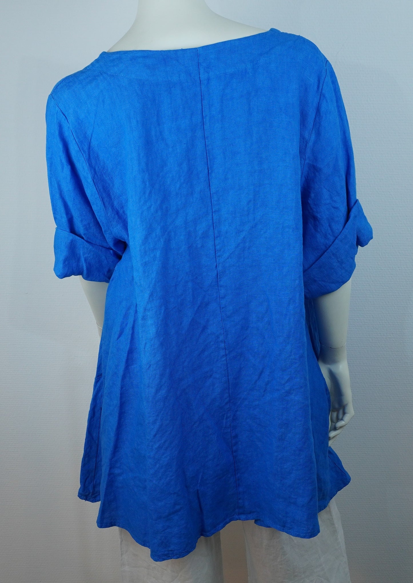 Leinen-Longshirt Royalblau – 3/4-Arm, Fronttaschen, Sommer Basic