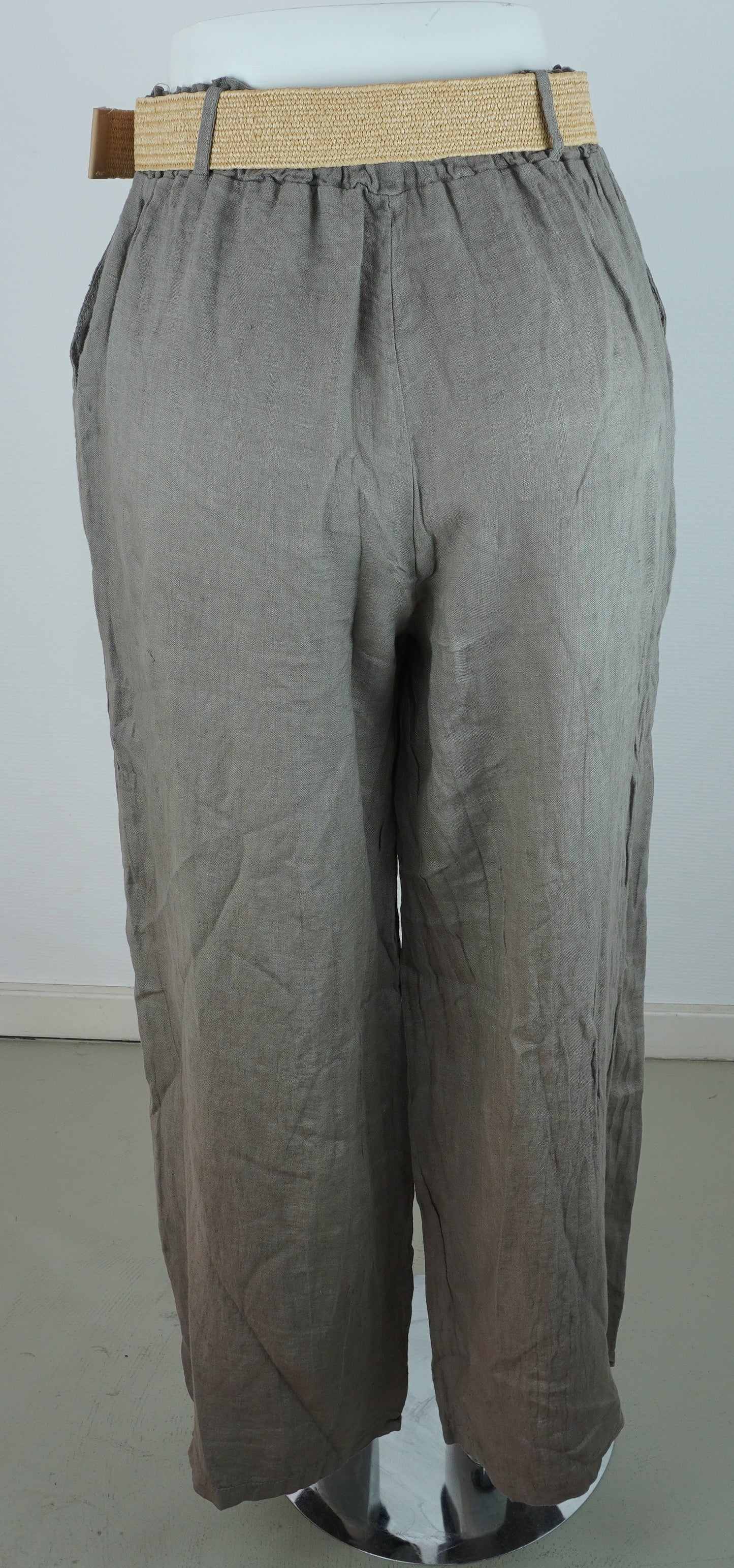 Leinenhose 100% Leinen – Taupe/Grau-Braun, mit Flechtgürtel, Sommerlook