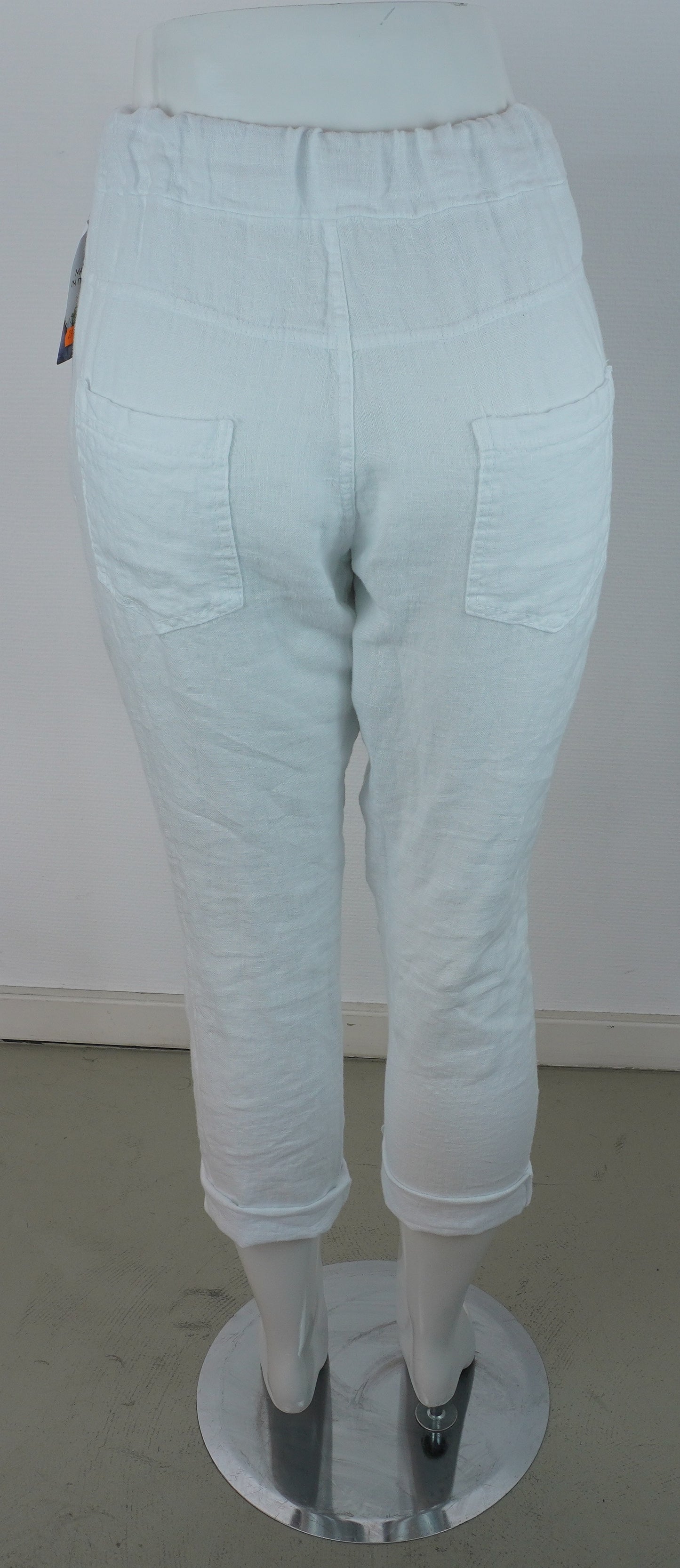Caprihose 100% Leinen – Weiß, elastischer Bund, Sommerlook