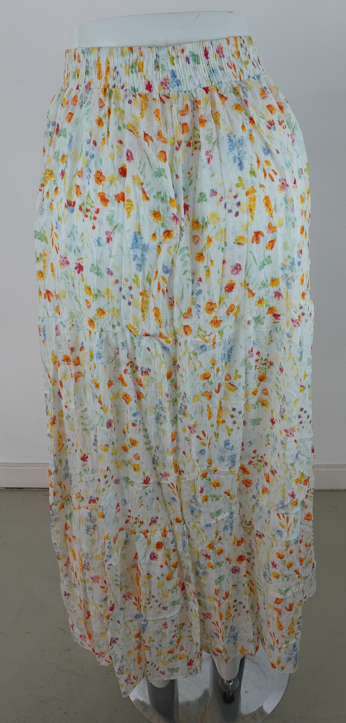 Sommerrock 100% Viskose – Blumenprint Gelb-Orange, Stufenrock mit Gummibund