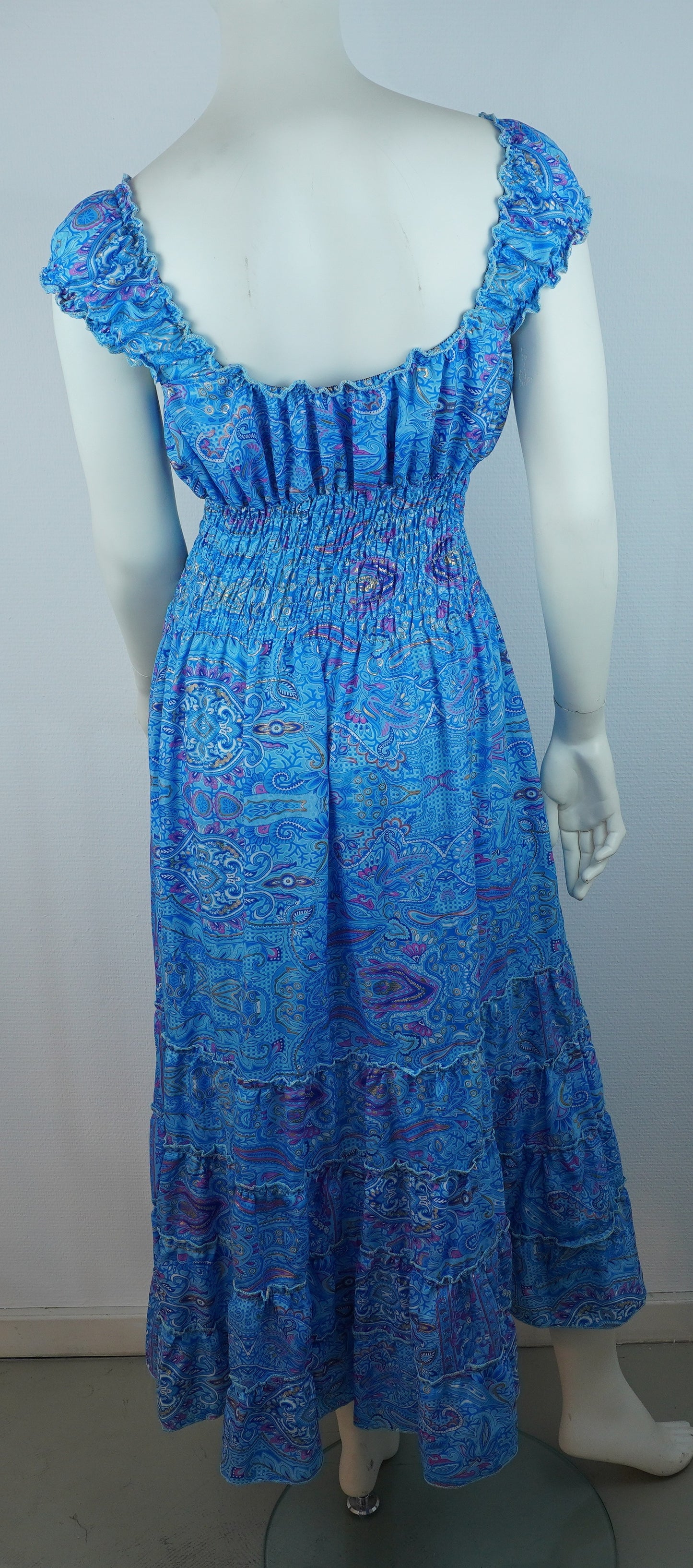 Boho Maxi Kleid Blau – Paisley Muster – V‑Ausschnitt – Smokbund – Sommer Kleid