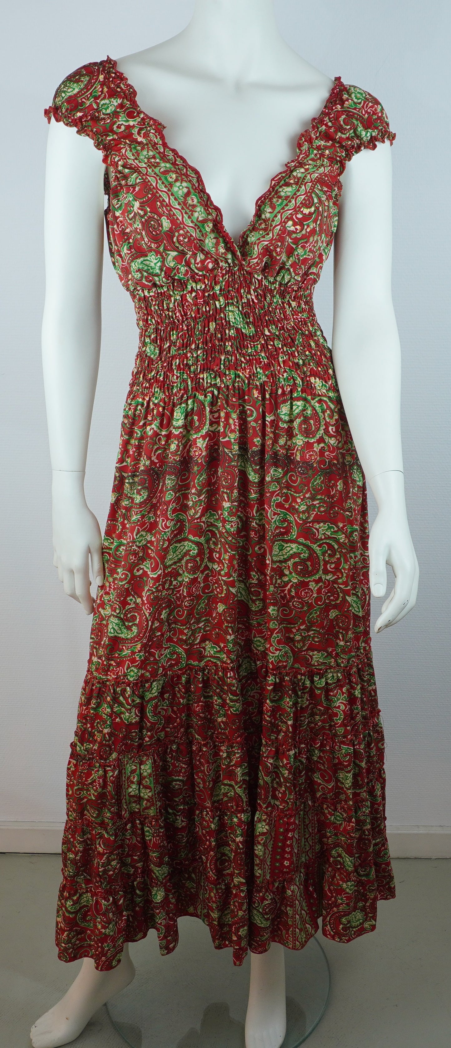 Boho Maxi Kleid Dunkelrot – Paisley Muster – V-Ausschnitt – Smokbund – Sommer Kleid