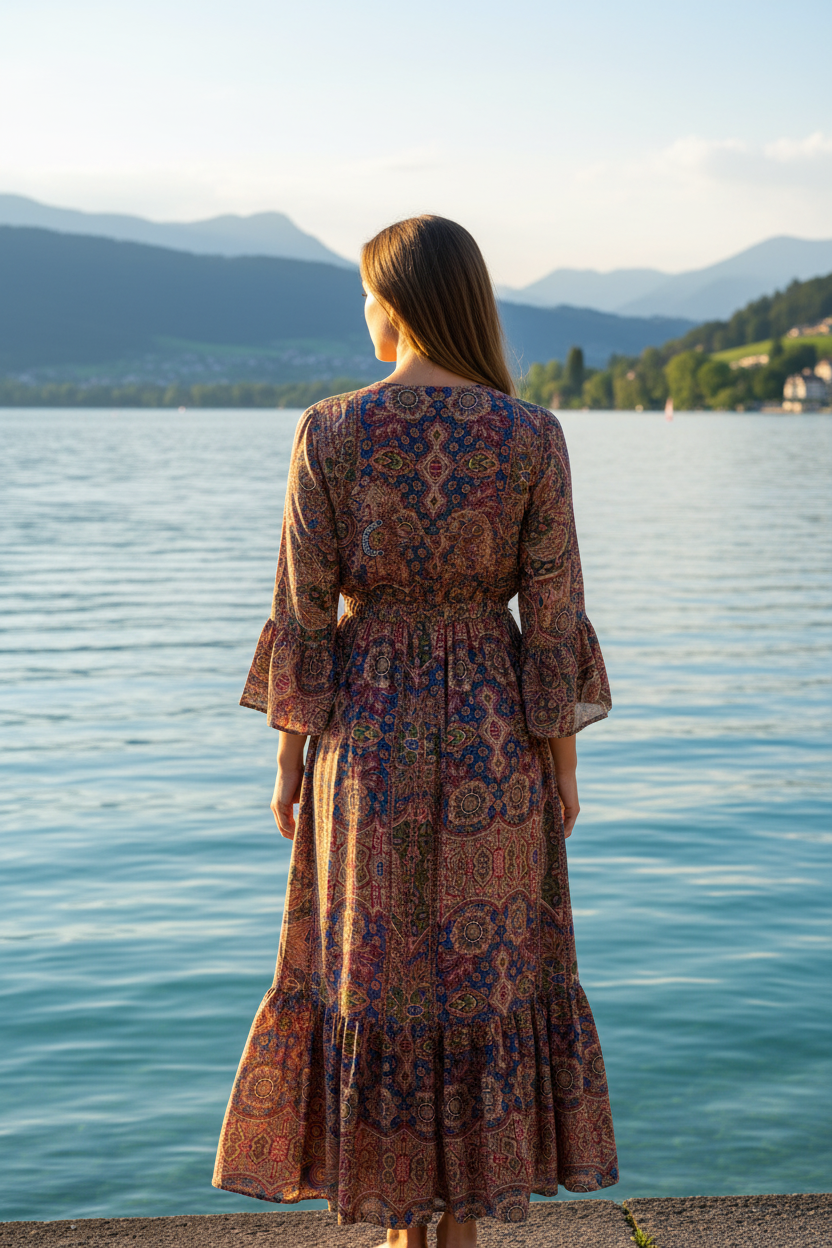 Boho Maxikleid Ethno Paisley Rot/Blau/Grün – Rückenansicht