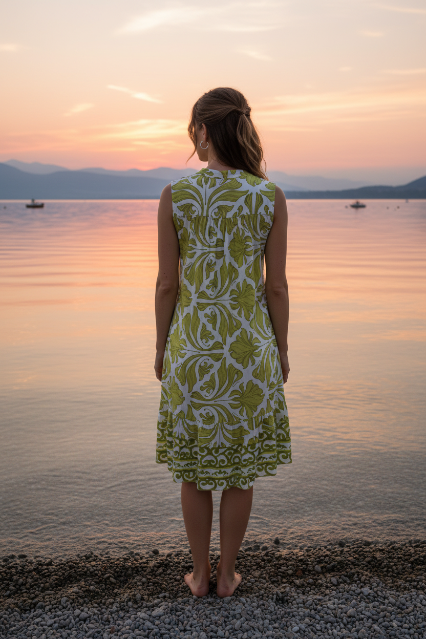 Sommerkleid Weiß Grüner Boho-Print Rückansicht Bodensee