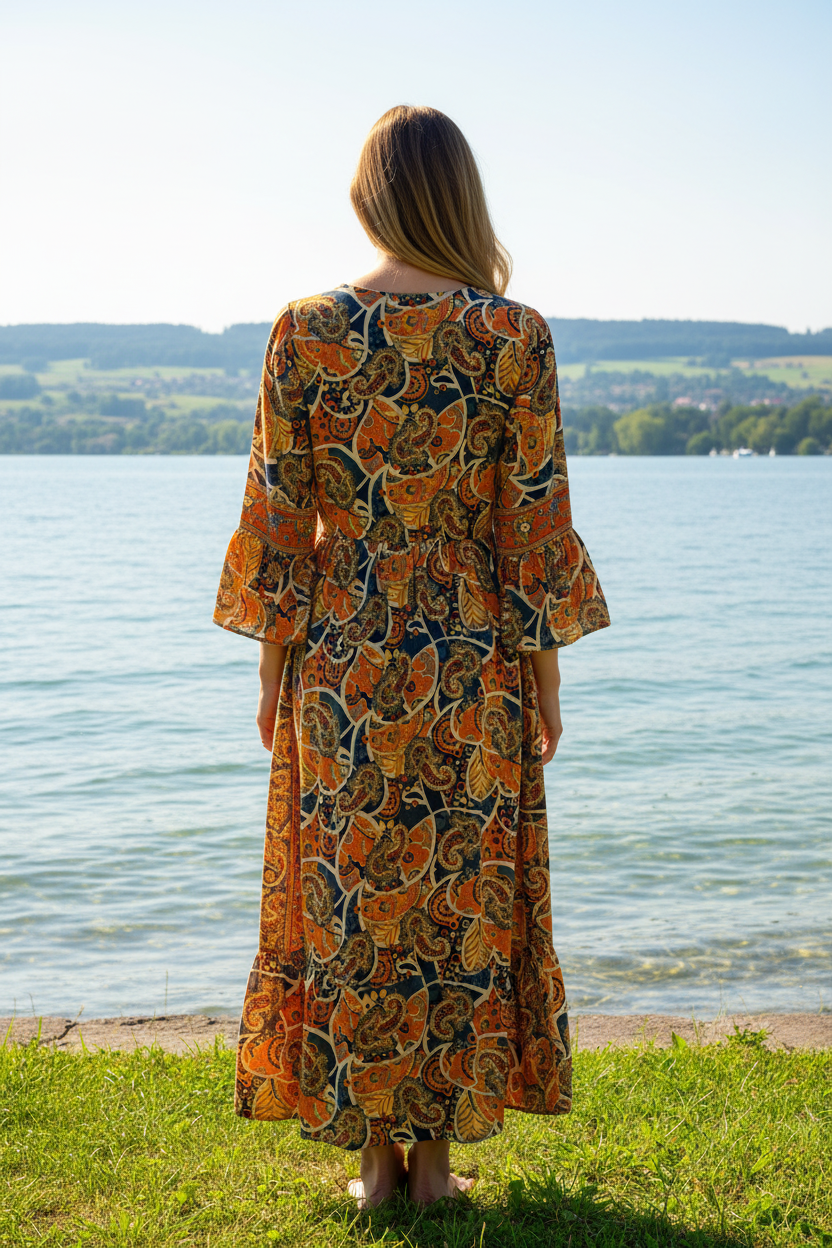 Boho Maxikleid Paisley Blatt Muster Orange/Blau/Gelb – Rückenansicht