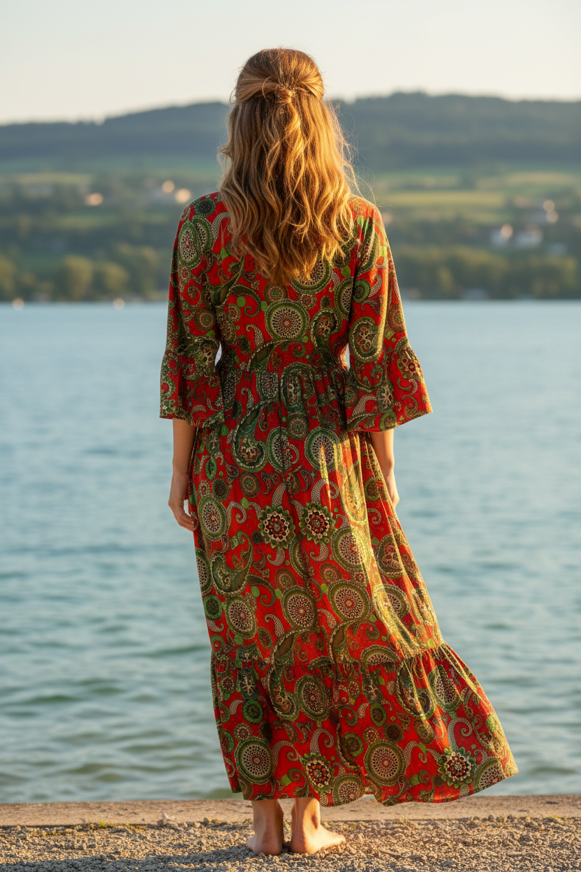 Boho Maxikleid Mandala Paisley Muster Rot/Grün/Olive – Rückenansicht