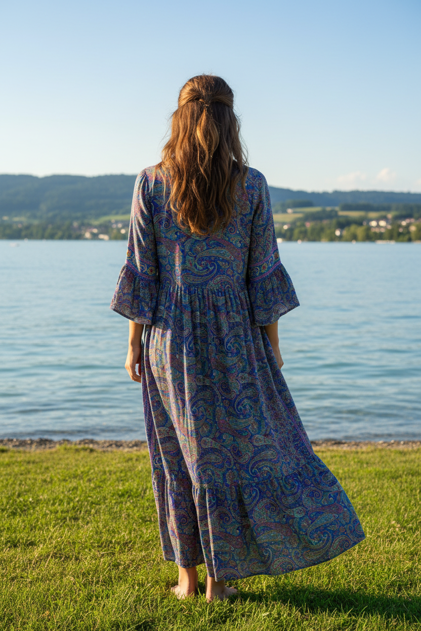 Boho Maxikleid Paisley Ethno Muster Blau/Lila – Rückenansicht