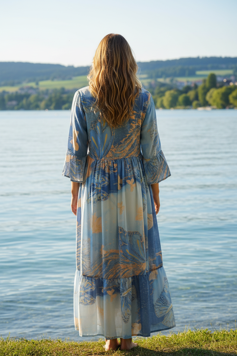 Boho Maxikleid abstraktes Ethno Muster Blau/Peach – Rückenansicht
