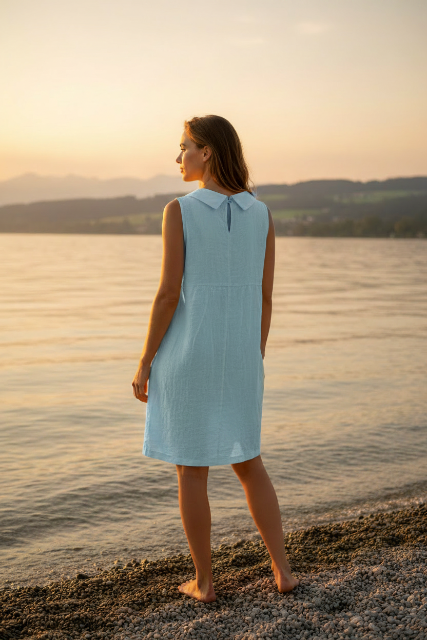 Hellblaues Leinenkleid – Rückenansicht Bodensee