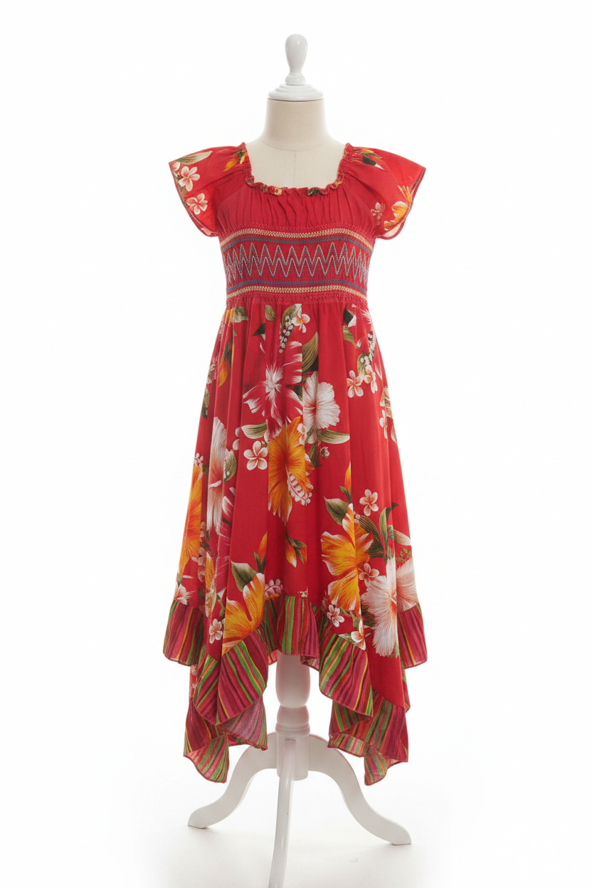 Kinder Sommerkleid 100% Baumwolle (2–12 Jahre) Rot mit buntem Blumenprint