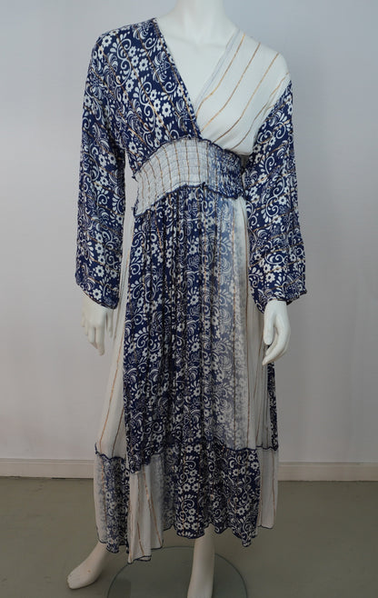 Boho Maxi Sommerkleid – Blau/Weiß/Gold