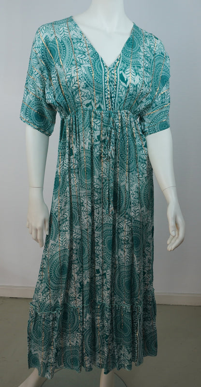 Boho Maxi Kleid – Türkis/Weiß Mandala