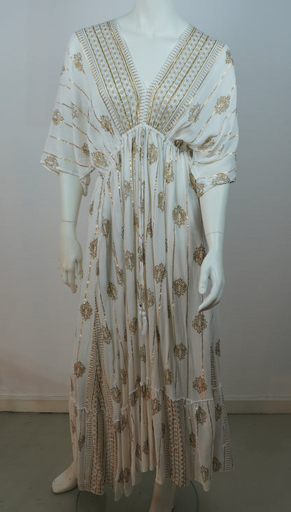Boho Premium Maxi Kleid – Weiß/Gold