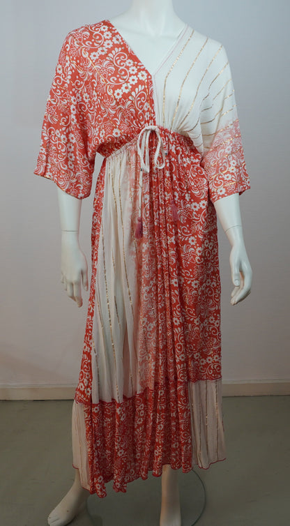 Boho Maxi Kleid – Rot/Weiß/Gold Mix