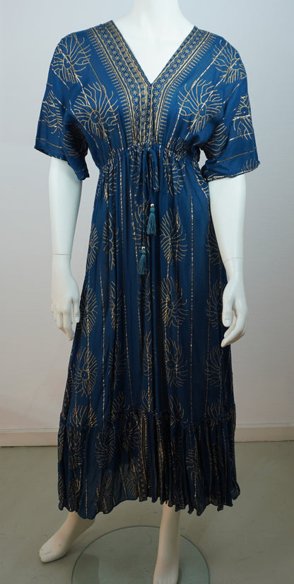 Boho Maxi Kleid – Blau/Gold