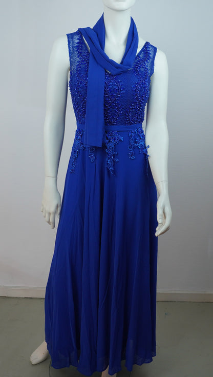Elegantes Abendkleid Blau – Spitze & Perlen – Festkleid mit Schal – Boutique Qualität