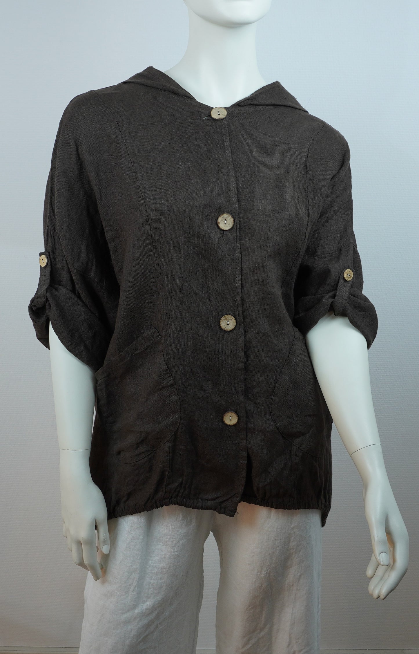 Leinen Hooded Overshirt – Braun (One Size, 100% Leinen)