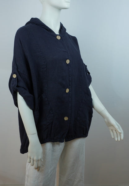 Leinen Hooded Overshirt – Navy (One Size, 100% Leinen)
