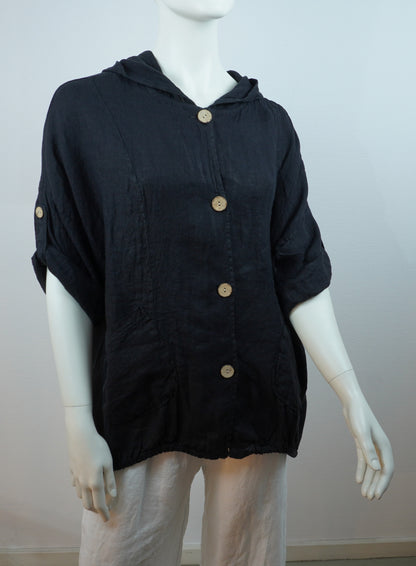 Leinen Hooded Overshirt – Schwarz (One Size, 100% Leinen)
