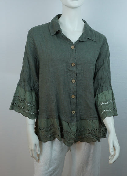 Leinen Bluse „Bianca Italia“ – Khaki (One Size, 100% Leinen)