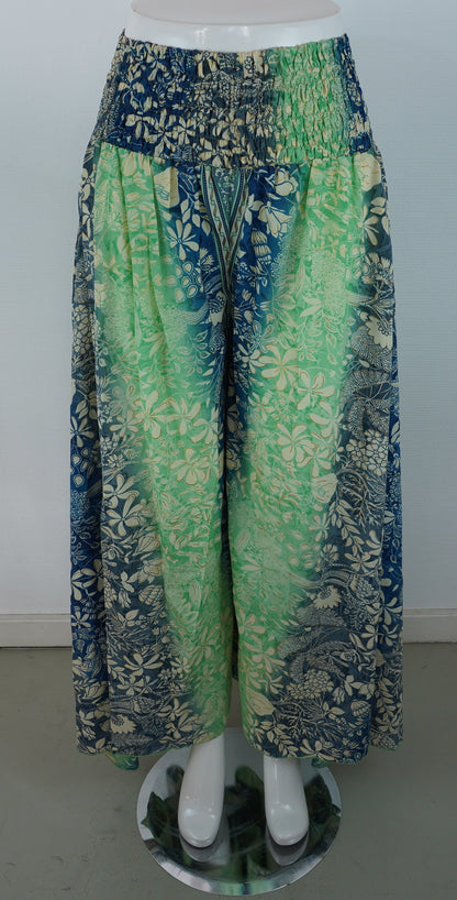 Palazzo Hose – Seide & Viskose | Floraler Boho-Print in Grün/Blau