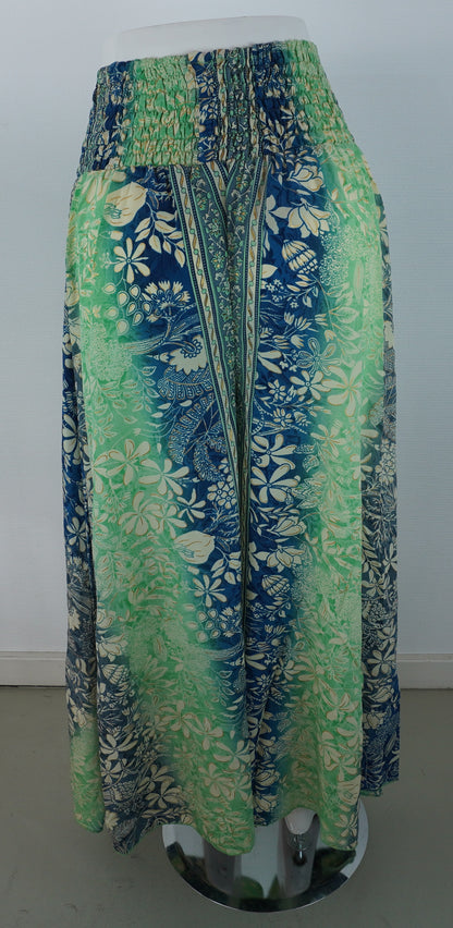 Palazzo Hose – Seide & Viskose | Floraler Boho-Print in Grün/Blau