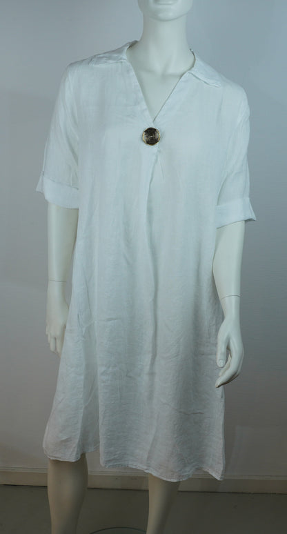 Weißes Leinenkleid – V‑Ausschnitt, Kragen, Locker Fallend, Sommerlook