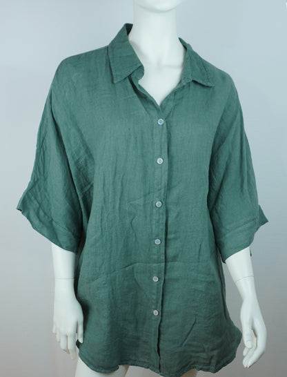 Leinenbluse Grün – Knopfleiste, Locker Fallend, Oversize Sommerlook