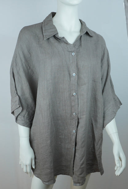 Leinenbluse Greige – Knopfleiste, Locker Fallend, Oversize Sommerlook