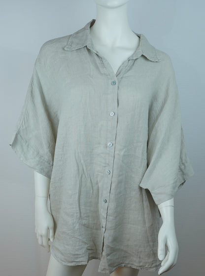 Leinenbluse Beige – Knopfleiste, Locker Fallend, Oversize Sommerlook