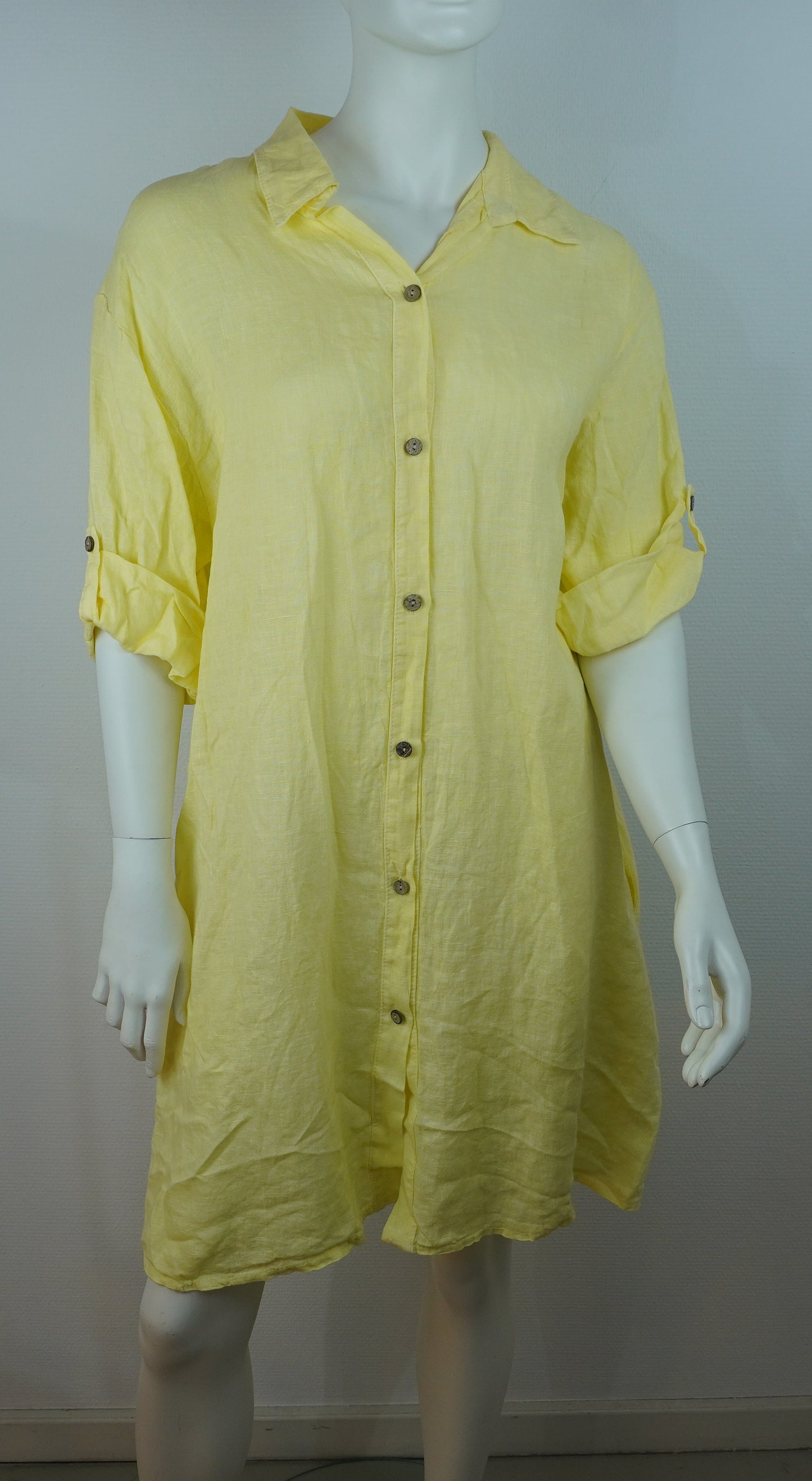 Leinenkleid Gelb – Knopfleiste, Locker Fallend, Oversize Sommerlook