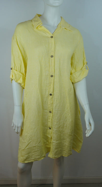 Leinenkleid Gelb – Knopfleiste, Locker Fallend, Oversize Sommerlook