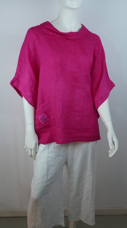 Leinen-Oberteil Fuchsia – Kurzarm, Locker Fallend, Sommer Basic