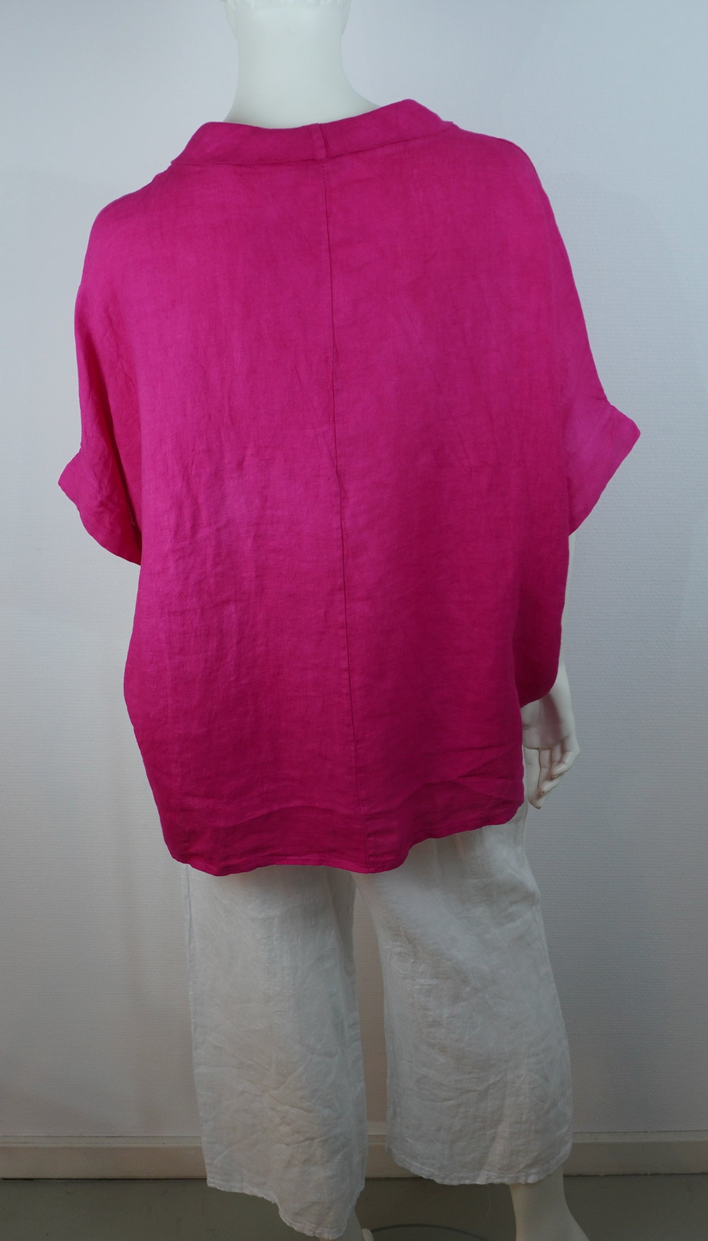 Leinen-Oberteil Fuchsia – Kurzarm, Locker Fallend, Sommer Basic