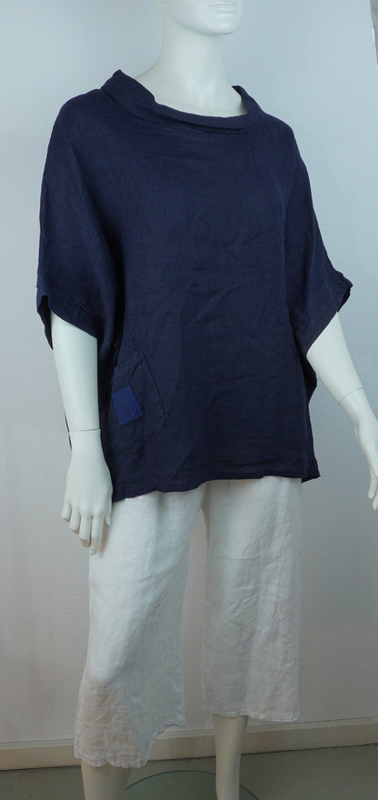 Leinen-Oberteil Navy – Kurzarm, Locker Fallend, Sommer Basic