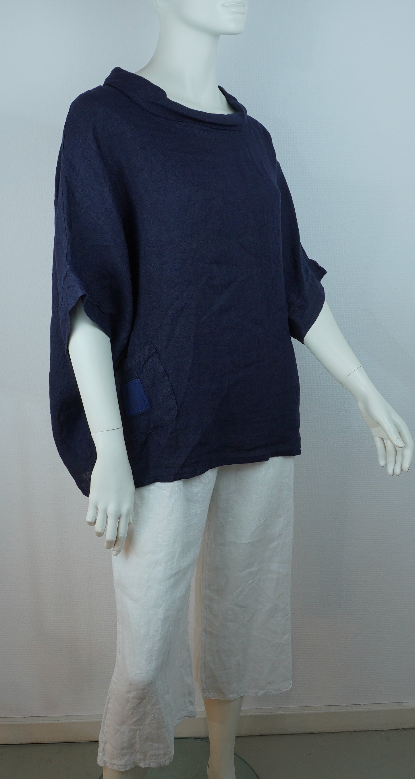 Leinen-Oberteil Navy – Kurzarm, Locker Fallend, Sommer Basic