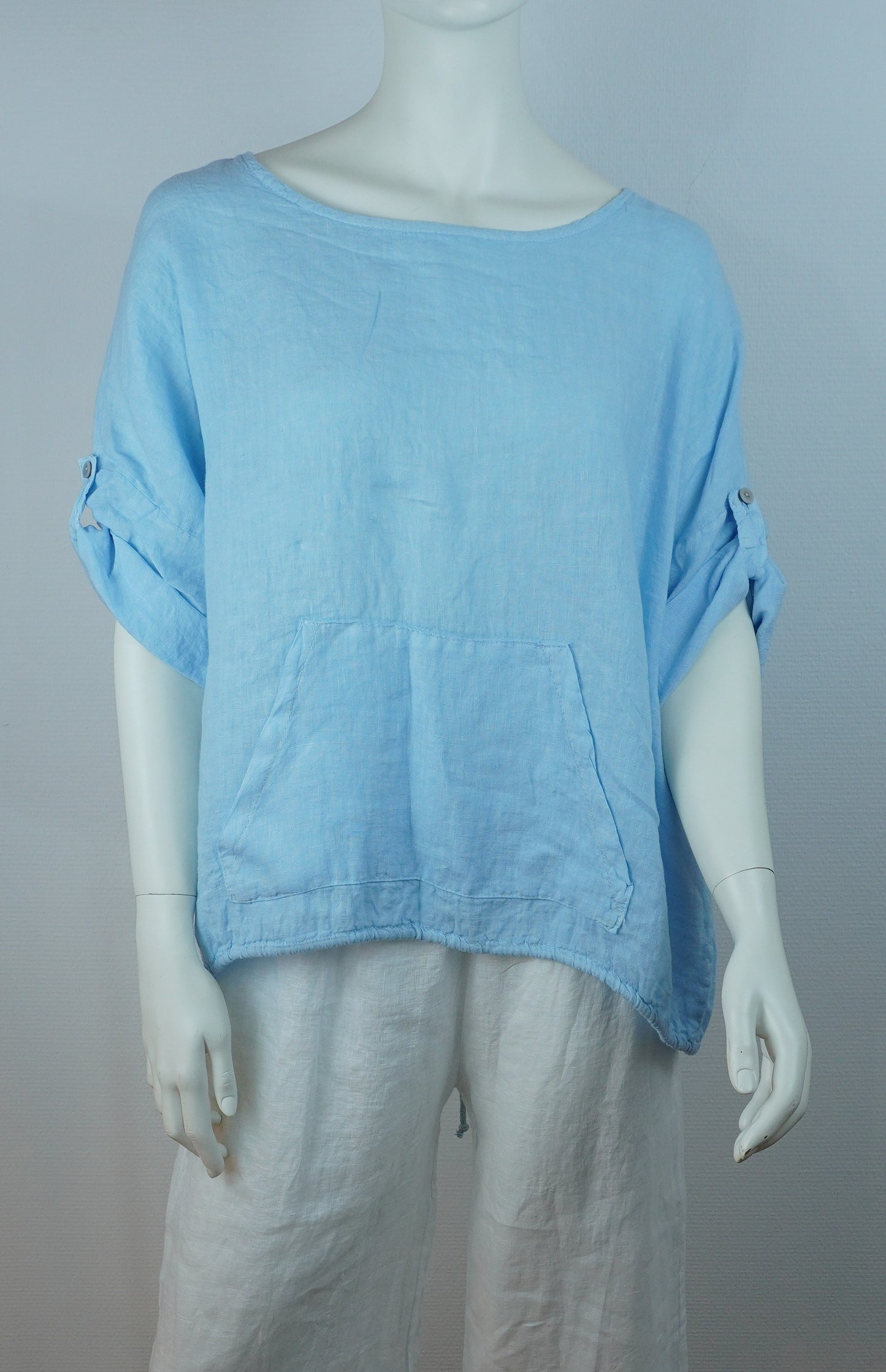 Leinen-Oberteil Hellblau – Kurzarm, Locker Fallend, Sommerlook