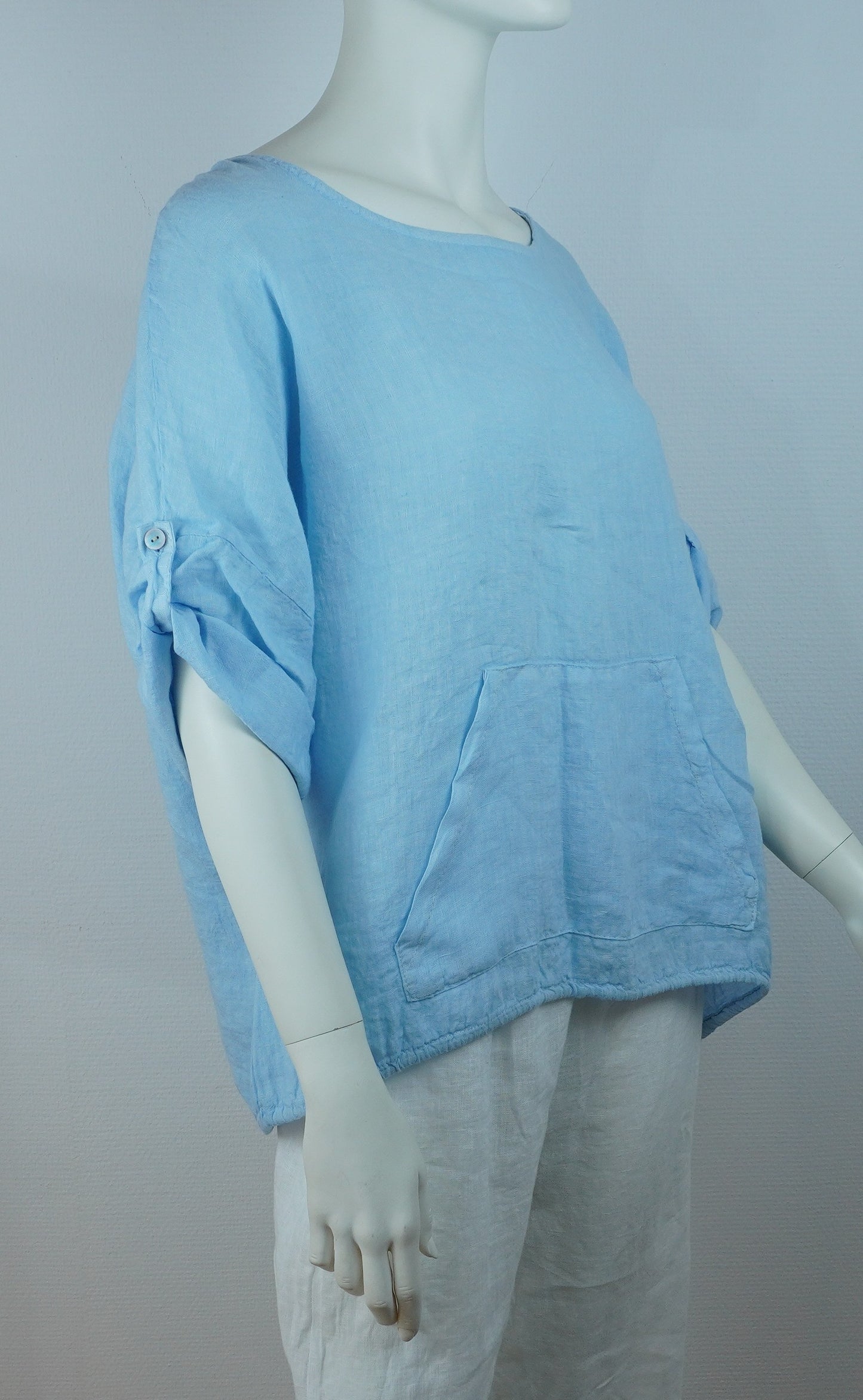 Leinen-Oberteil Hellblau – Kurzarm, Locker Fallend, Sommerlook