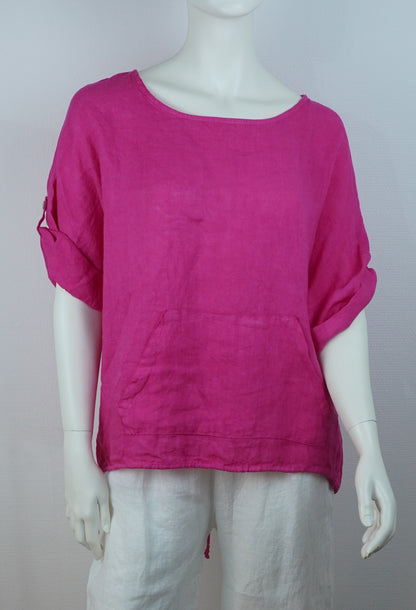 Leinen-Oberteil Pink – Kurzarm, Locker Fallend, Sommerlook