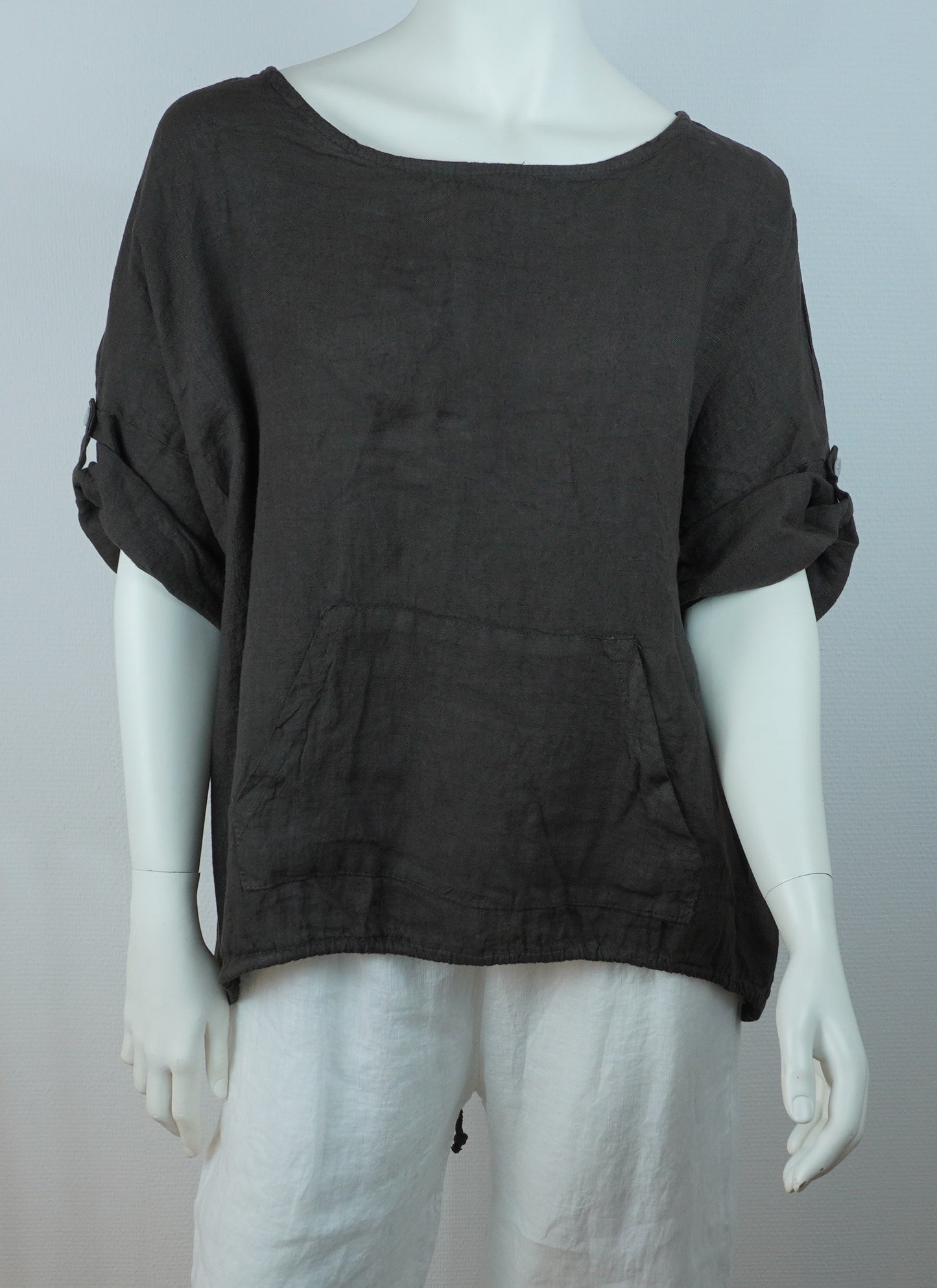 Leinen-Oberteil Anthrazit – Kurzarm, Locker Fallend, Sommerlook