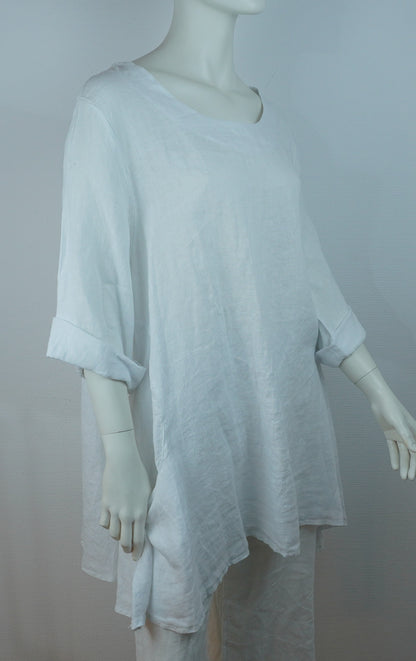 Leinen-Longshirt Weiß – 3/4-Arm, Asymmetrisch, Sommer Basic