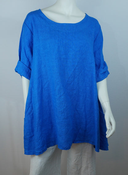 Leinen-Longshirt Royalblau – 3/4-Arm, Fronttaschen, Sommer Basic