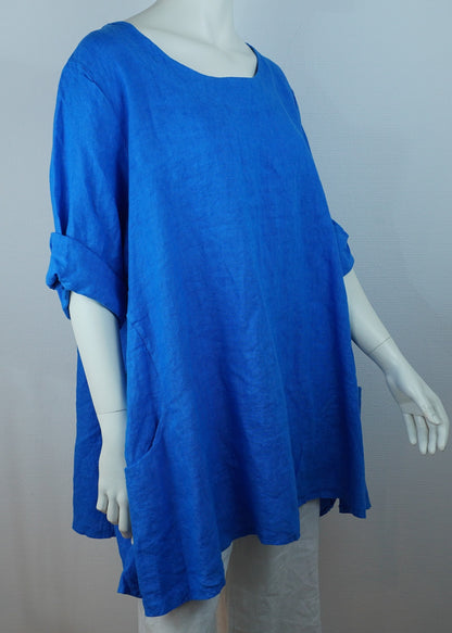 Leinen-Longshirt Royalblau – 3/4-Arm, Fronttaschen, Sommer Basic