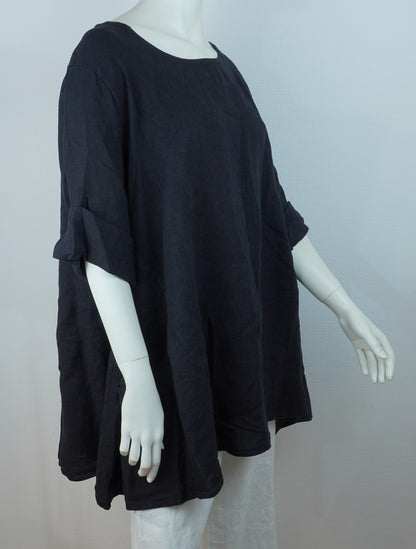 Leinen-Longshirt Schwarz – 3/4-Arm, Locker Fallend, Sommer Basic