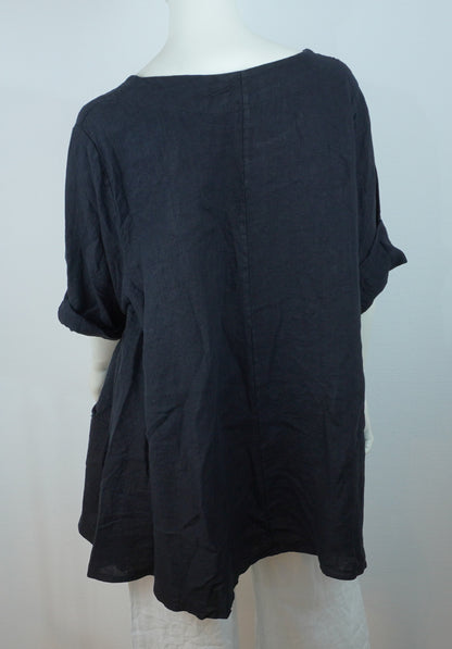 Leinen-Longshirt Schwarz – 3/4-Arm, Locker Fallend, Sommer Basic