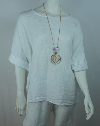 Leinen-Oberteil Weiß mit Boho-Kette – Kurzarm, Locker, Sommer-Set