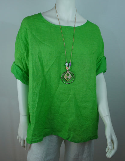 Leinen-Oberteil Grün mit Boho-Kette – Kurzarm, Locker, Sommer-Set